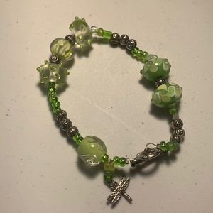Green and Silver Bracelet with Glass Beads and Dragonfly Charm 8 inch